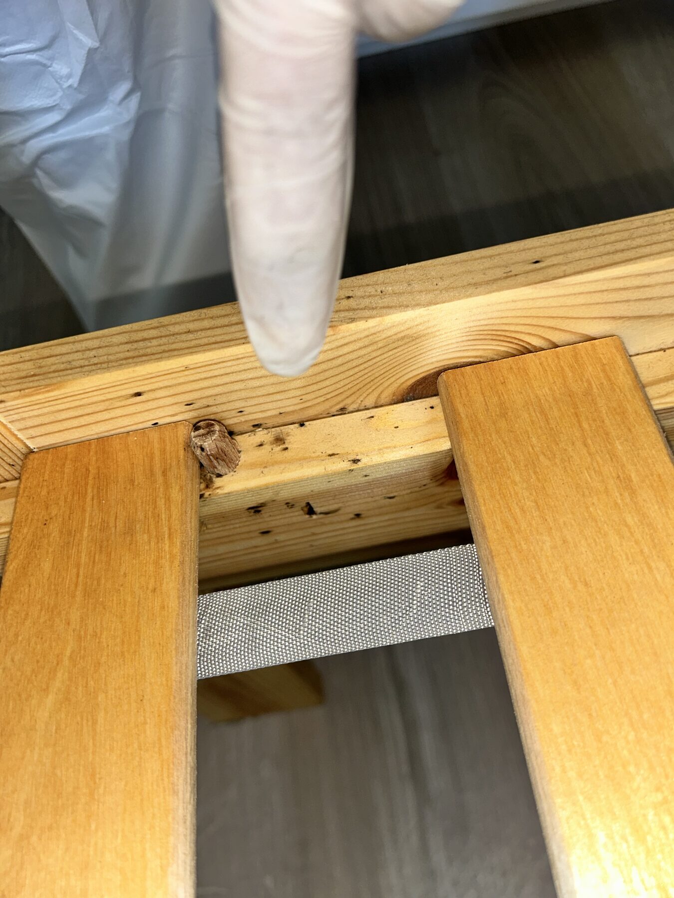 Traces de déjections de punaises de lit sur un cadre de lit en bois